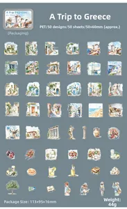 Flat lay of 50 hand-drawn watercolor Greek travel stickers showing architecture and scenery