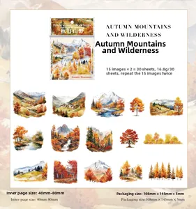 Macro view of 30pcs Autumn Wilderness PET stickers showing watercolor forest landscapes