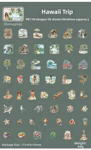 Array of 50 PET stickers with tropical Hawaii motifs like surfing and hibiscus flowers
