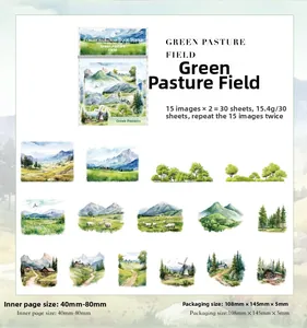 Macro detail of 30pcs nature scenery stickers with mountains and forests for DIY journaling