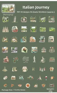 50pcs waterproof PET stickers with watercolor Italy travel illustrations and landmarks