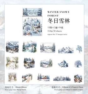 Macro detail of 30pcs winter snow forest PET stickers for DIY scrapbooking journaling