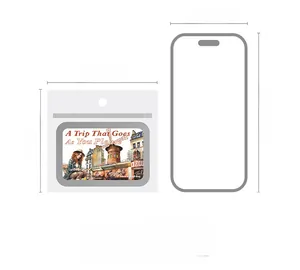 Size comparison of vintage PET travel stickers in packaging next to a smartphone