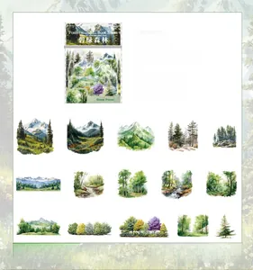 Detail of 30 forest mountain landscape watercolor stickers for DIY journaling