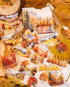 Macro detail of Autumn Mountains watercolor PET stickers for forest nature journaling