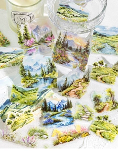 Macro view of watercolor forest landscape PET stickers for DIY scrapbooking decoration