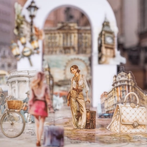 Vintage PET travel stickers with retro British themes and fashion female characters