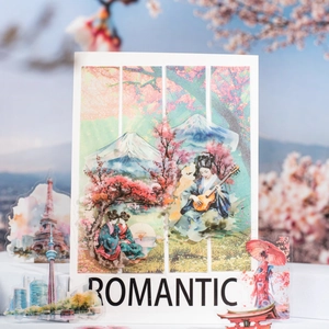 Japanese style PET stickers set with Fuji mountain and cherry blossoms for scrapbooking