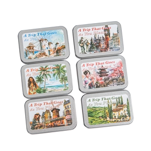 Travel theme tin storage box set with colorful illustrations and silver metal finish