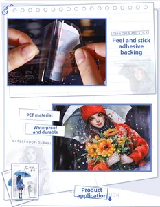 Detail von wasserfesten PET-Aufklebern mit Regen-Illustrationen und floralen Motiven