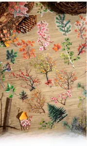 Artistic layout of floral and branch PET stickers on a vintage wooden background