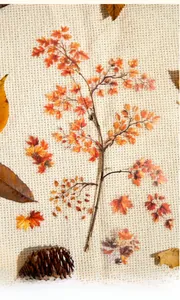 Detail showing various sizes of autumn maple leaf and branch PET stickers for DIY projects