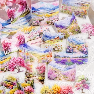 Watercolor nature landscape PET stickers featuring mountains and cherry blossoms for DIY