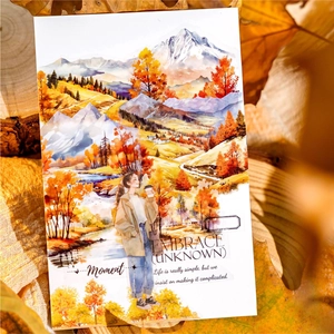 Nature scenery PET stickers featuring fall mountains and a woman with coffee design