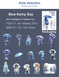 Detaillierte PET-Sticker mit Aquarell-Illustrationen von Damen mit blauem Regenschirm