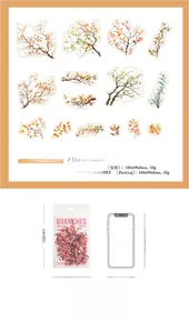 Detailed PET stickers size comparison with iPhone X and technical specs of forest branch themes
