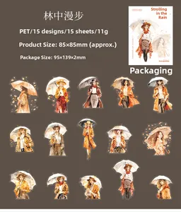 Makroaufnahme von 15 herbstlichen PET-Sticks mit Frauen, die im Regen spazieren gehen