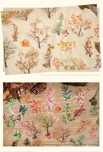Detail of transparent PET botanical stickers with autumn leaves and pine motifs