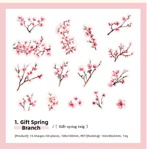 Macro shot of waterproof cherry blossom PET stickers with watercolor tree branch designs
