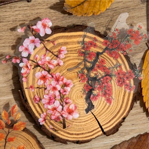 Floral PET transparent stickers featuring cherry blossoms and autumn leaves on a wood background