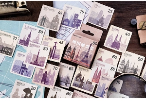 Macro shot of vintage stamp stickers with European city landmarks for DIY crafts