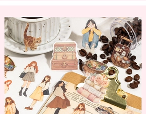 Detailansicht von Mädchen- und Blumenaufklebern auf einem Vintage-Hintergrund