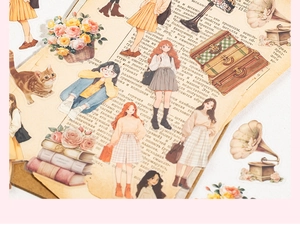 Details von Vintage-PET-Aufklebern mit Frühlingsmädchen, Katzen und Retro-Blumenmotiven