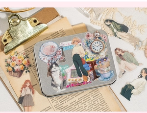 Vintage-Blechdose mit Anime-Mädchen-Aufklebern und floralen PET-Scrapbooking-Dekoren