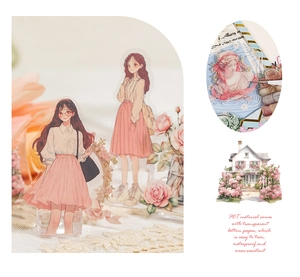 Detail von PET-Aufklebern mit handgezeichnetem Mädchen und Blumenmuster für Scrapbooking
