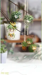 Detailed view of plant hanging basket decorative stickers on rustic wooden branches