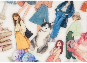 Detail von Vintage PET-Aufklebern mit Modemädchen, Katzen und Blumen für Bullet Journals