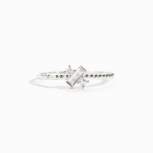 S925 sterling silver beaded ring featuring a central rectangular crystal and square side stones