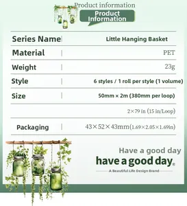 Specifications for PET decorative tape featuring hanging basket plants and floral themes