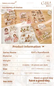 Dettaglio di adesivi PET DIY per ragazze su legno con dimensioni mostrate 105x148mm