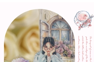Makroaufnahme von Spring Letter PET-Aufklebern mit zarten Mädchen- und Blumenillustrationen