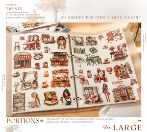 Close-up of vintage watercolor planner stickers featuring 20 sheets of lifestyle scenes