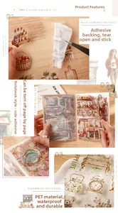 Dettaglio di adesivi vintage in PET da staccare per scrapbooking fai-da-te e decorazione