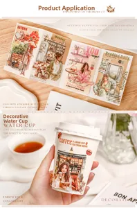 Adesivi illustrativi per agenda con scene di vita femminile su una tazza da caffè bianca
