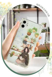 Detail of girl and indoor plant illustration on clear shockproof protective phone case
