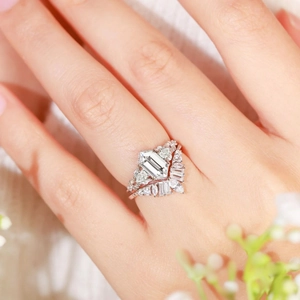 S925 sterling silver hexagonal zircon branch ring set with step-cut crystal in bridal style