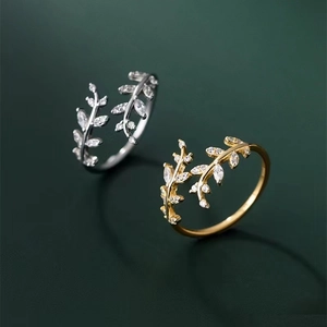 925 Sterling Silver Leaf Branch Open Ring For Women Zirconia Flower Inlaid Fashion Commuter Style Finger Jewelry Gift