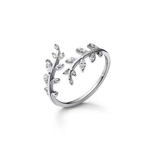 S925 sterling silver open ring featuring adjustable olive leaf vine design with zircon