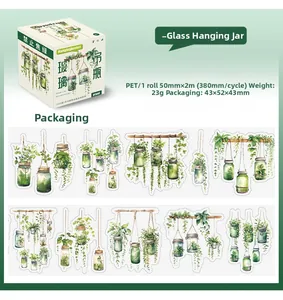 Detailed PET tape roll featuring watercolor hanging plants and green glass vases