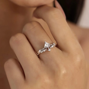 S925 Sterling Silver Ring with Rhombus Zircon and Intricate Floral Vine Design