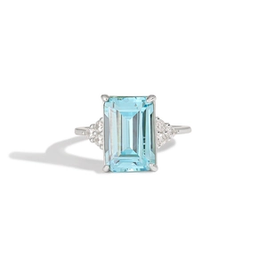 S925 silver ring featuring a large emerald-cut light blue stone with side diamond accents
