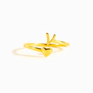 Minimalist S925 sterling silver adjustable open heart ring with letter V in gold finish