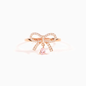 Elegant S925 sterling silver bow ring with rose gold finish and pink water drop stone