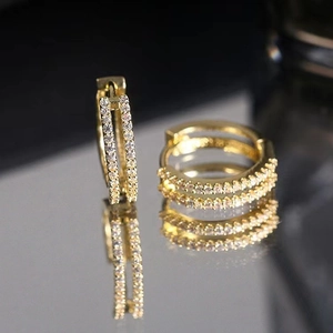 Boucles d'Oreilles Créoles en Argent Sterling 925 Double Couche Pavé de Strass pour Femme Bijoux Géométriques Minimalistes