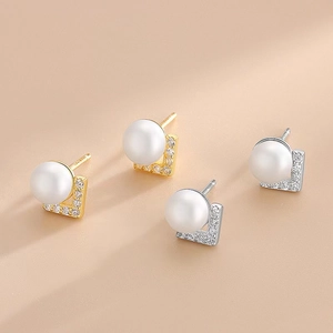 Elegant s925 silver V-shaped pearl stud earrings with micro-inlaid zircon accents