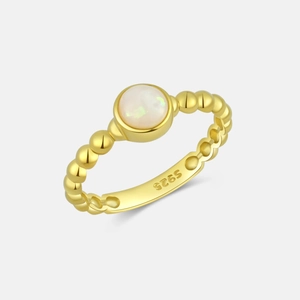 Bague perlée en argent sterling S925 élégante avec une pierre d'opale blanche ronde